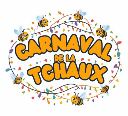 Carnaval de la Tchaux, logo jaune entouré d’abeilles et de confettis